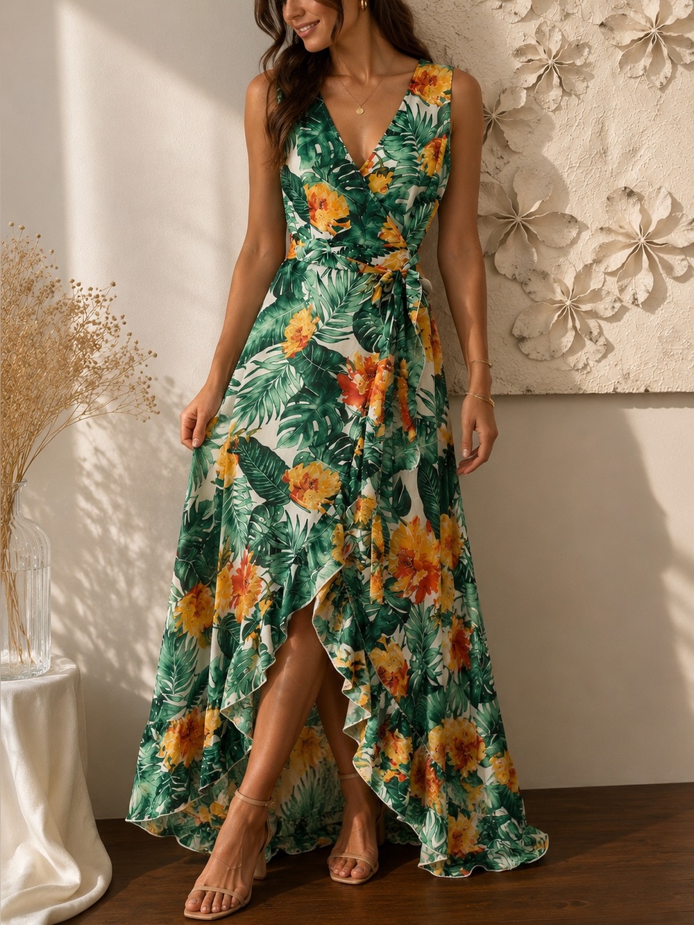 Luna Moon Tropical Floral Wrap Maxi Dress Medium Green Yellow